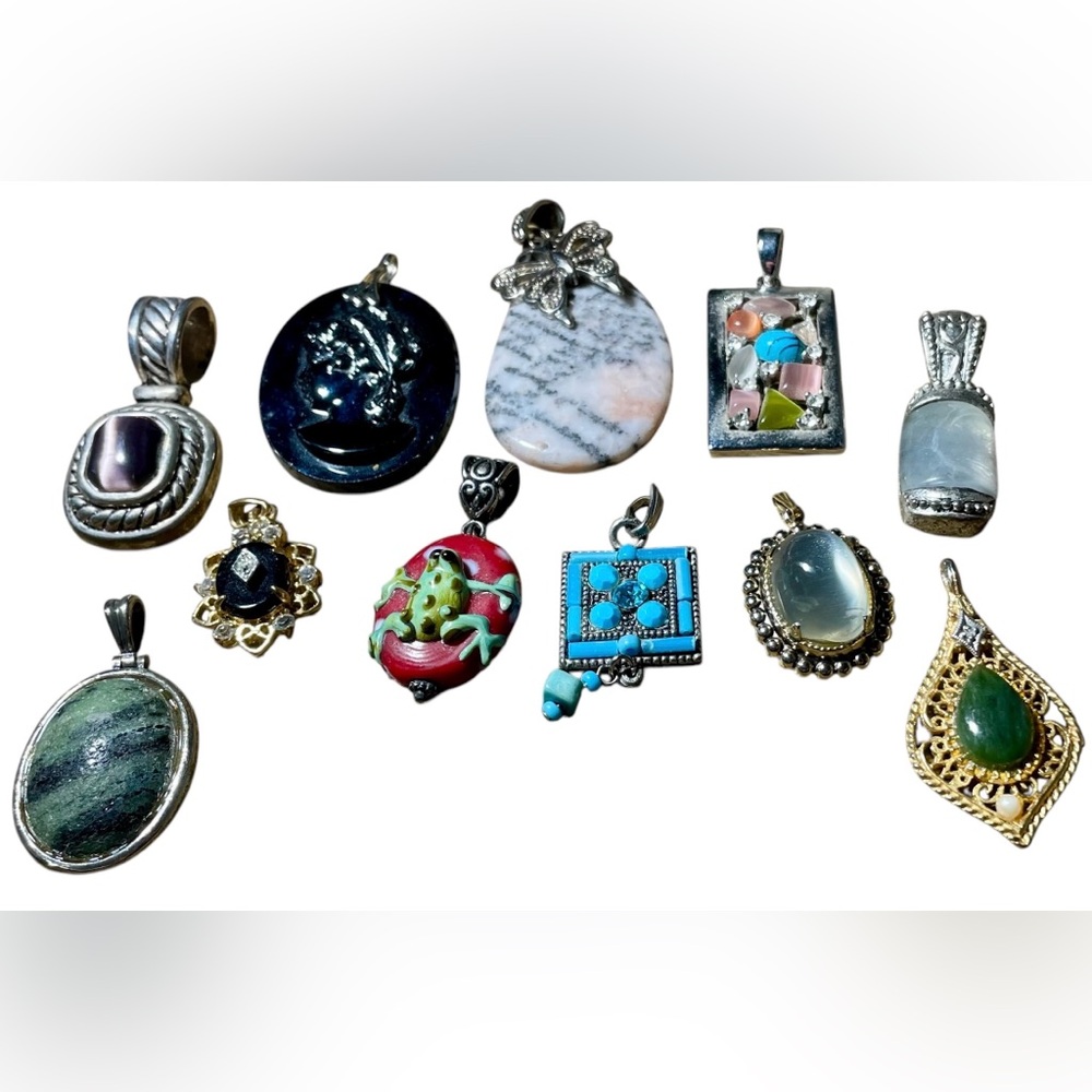 Ten Pendant Bundle Some Vintage Art Glass, Silvertone, Cameo, Boho, Resale
